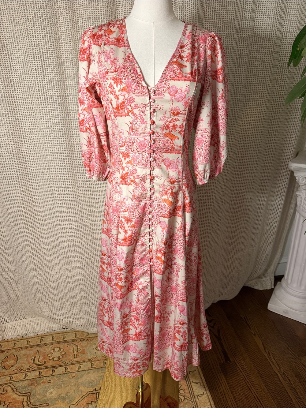 Pinch Pink and Cream Floral Button-Front Midi Dress